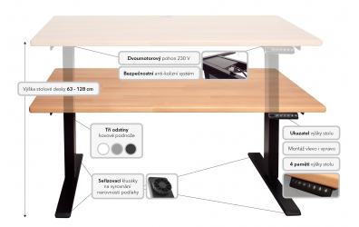 Elektrický, výškovo nastaviteľný písací stôl 150 cm, šedá podnož, buk cink